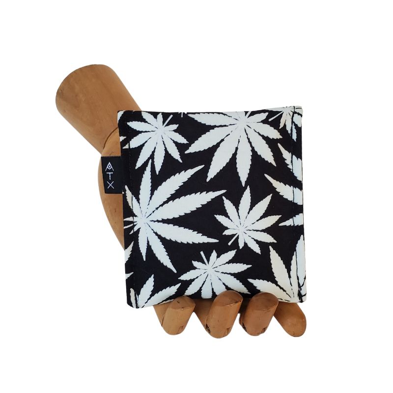 420 Hemp Print in glow-in-the-dark white on black background Velcro Mini Wallet by Anne Marie Beard. Handmade in Austin, Texas since 2004 y'all! annemarie mini wallet austin texas herb smoke 420 glow blaze