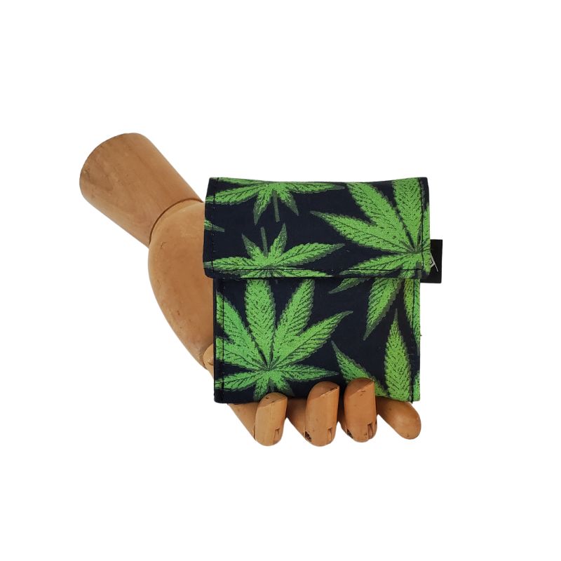 420 Phatty Cannabis Leaf Print in Green on black background, Velcro Mini Wallet by Anne Marie Beard. Hemp Fabric grown & milled in the U.S.A. Handmade in Austin, Texas since 2004 y'all! annemarie mini wallet austin texas herb smoke 420 glow blaze