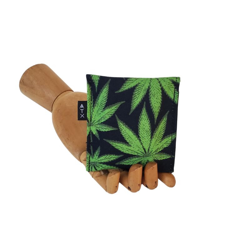 420 Phatty Cannabis Leaf Print in Green on black background, Velcro Mini Wallet by Anne Marie Beard. Hemp Fabric grown & milled in the U.S.A. Handmade in Austin, Texas since 2004 y'all! annemarie mini wallet austin texas herb smoke 420 glow blaze