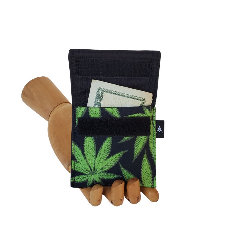 420 Phatty Cannabis Leaf Print in Green on black background, Velcro Mini Wallet by Anne Marie Beard. Hemp Fabric grown & milled in the U.S.A. Handmade in Austin, Texas since 2004 y'all! annemarie mini wallet austin texas herb smoke 420 glow blaze