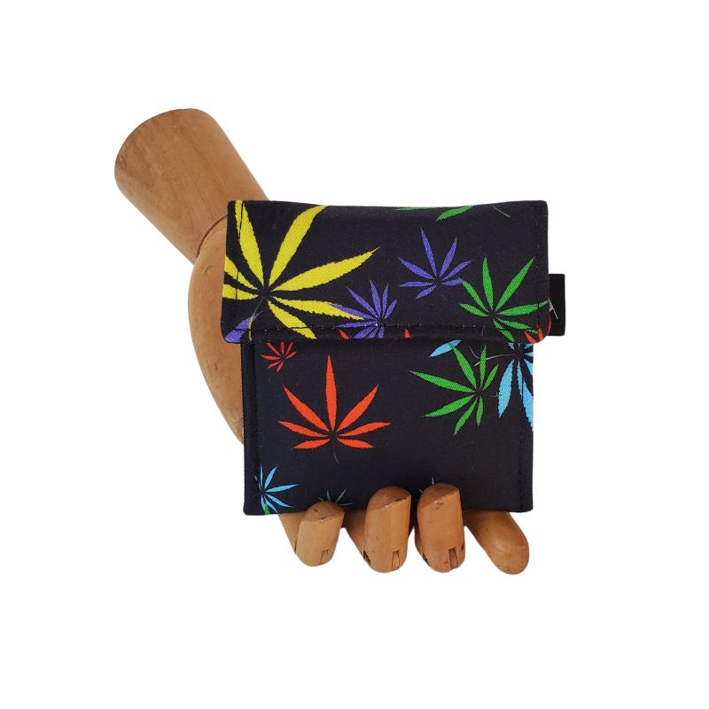 420 Hemp Print in multicolor on black background Velcro Mini Wallet by Anne Marie Beard. Handmade in Austin, Texas since 2004 y'all! annemarie mini wallet austin texas herb smoke 420