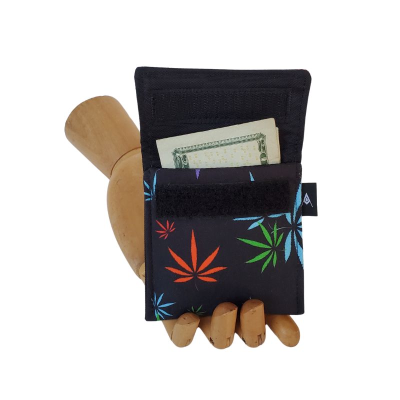 420 Hemp Print in multicolor on black background Velcro Mini Wallet by Anne Marie Beard. Handmade in Austin, Texas since 2004 y'all! annemarie mini wallet austin texas herb smoke 420