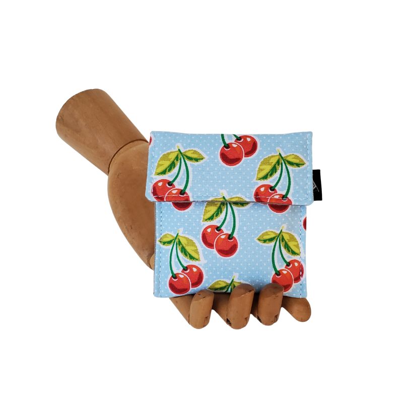 Cherries  on blue background Velcro Mini Wallet by Anne Marie Beard. Handmade in Austin, Texas since 2004 y'all! annemarie mini wallet austin texas cherry cherries vintage style cherry bomb pinup