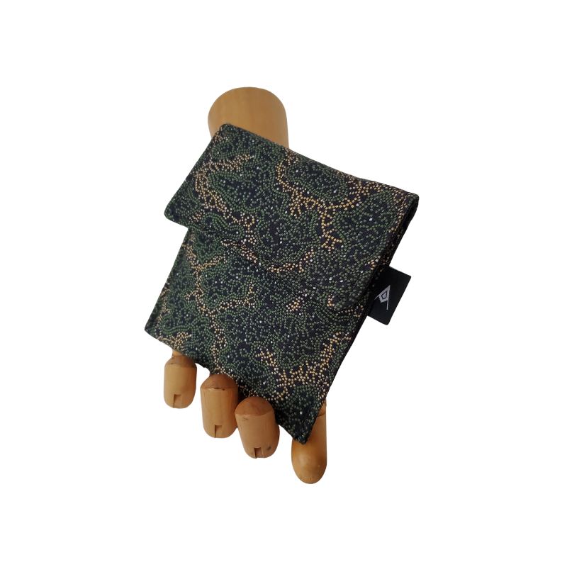 Forest Green and Beige Mist Pattern on Black Velcro Mini Wallet by Anne Marie Beard. Handmade in Austin, Texas since 2004 y'all! annemarie mini wallet austin texas vintage fabric pointillism intricate ethereal