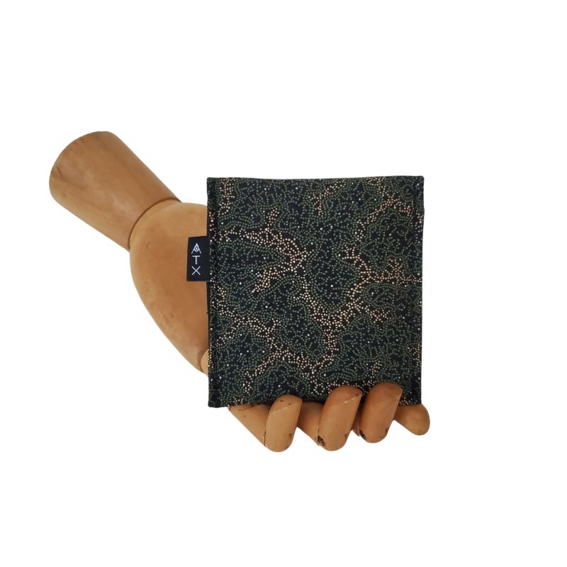 Forest Green and Beige Mist Pattern on Black Velcro Mini Wallet by Anne Marie Beard. Handmade in Austin, Texas since 2004 y'all! annemarie mini wallet austin texas vintage fabric pointillism intricate ethereal