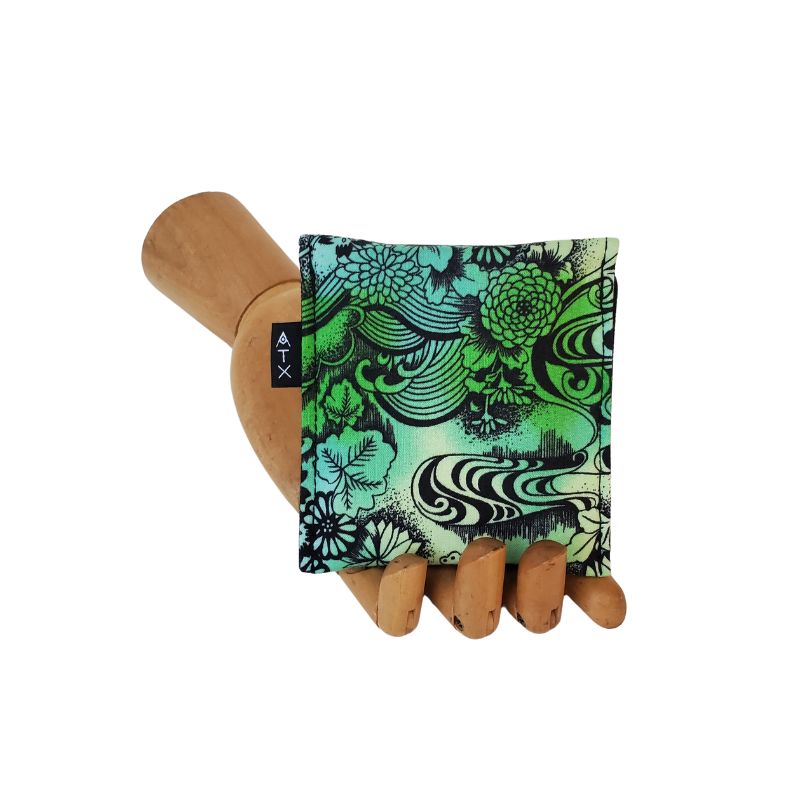 Elaborate Japanese style garden print on a green background. Velcro Mini Wallet by Anne Marie Beard. Handmade in Austin, Texas since 2004 y'all! annemarie mini wallet austin texas garden japanese floral limited edition