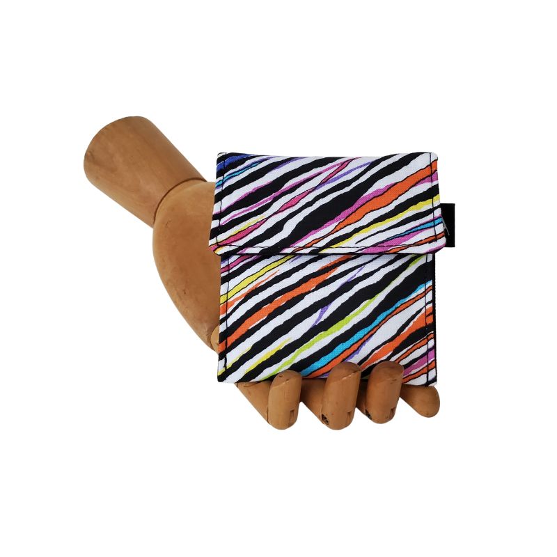 Zebra style stripes in multicolors on a white background. Velcro Mini Wallet by Anne Marie Beard. Handmade in Austin, Texas since 2004 y'all! annemarie mini wallet austin texas animal print pride rainbow