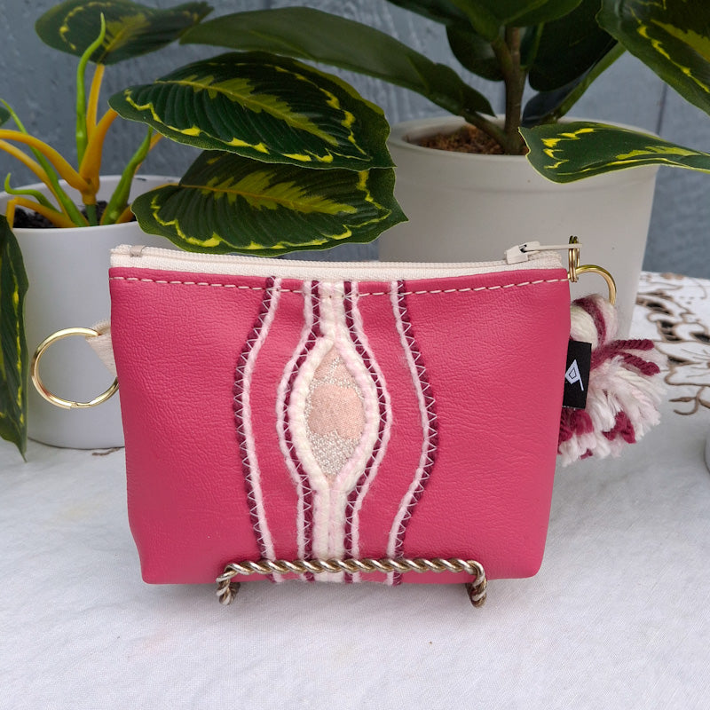 Sacred Fruit Peachy Pink Embroidered Vagina Vulva Wallet with Sparkly Sweet Spot. Made by Anne Marie Beard. Handmade in Austin, Texas since 2002 y'all! annemarie yoni feminist divine feminine peach pink creamy blush 