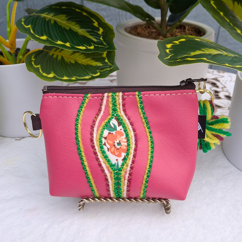 Sacred Fruit Peachy Pink Embroidered Vagina Vulva Wallet with a Floral Sweet Spot. Made by Anne Marie Beard. Handmade in Austin, Texas since 2002 y'all! annemarie yoni feminist divine feminine peach pink creamy blush floral vintage style